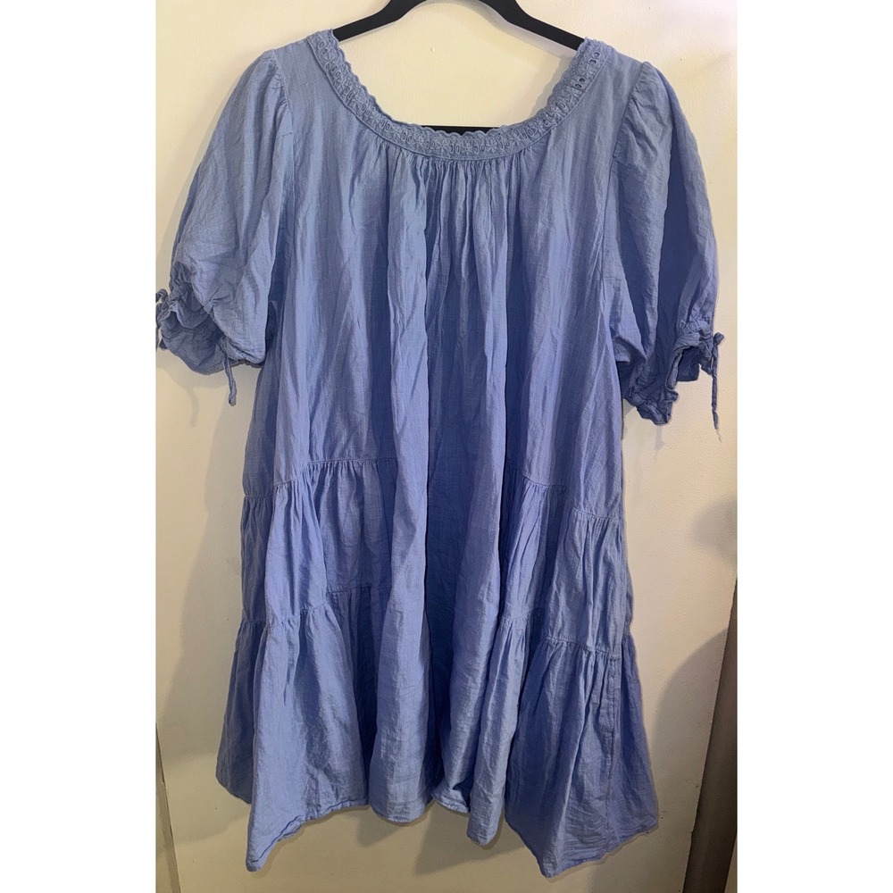 Free People Sandy Shores Mini Dress Blue Eyelet Smocked Tiered Babydoll  L - Picture 11 of 11